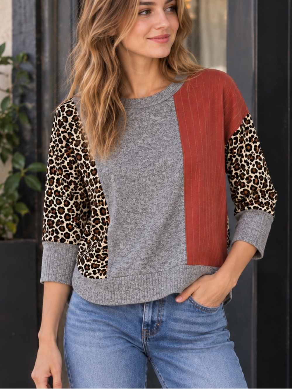 THML Sz M Gray Leopard Print Rust Colorblock Sweater Mixed Media Boho Eclectic